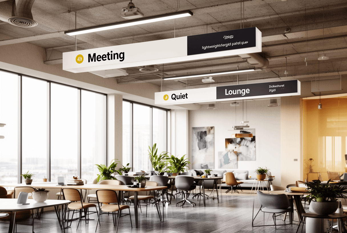 signalétique suspendue zones dans espace coworking